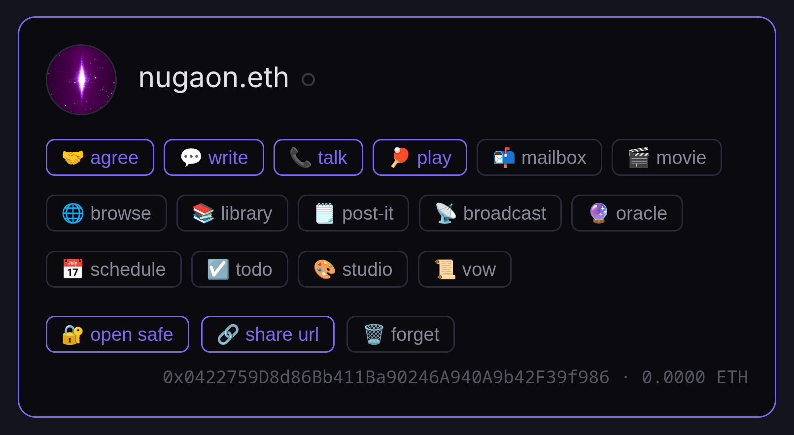 Expanded card for nugaon.eth — 14 cells: agree · write · talk · play · mailbox · movie · browse · library · post-it · broadcast · oracle · schedule · todo · studio · vow; admin row: open safe · share url · forget; address and balance