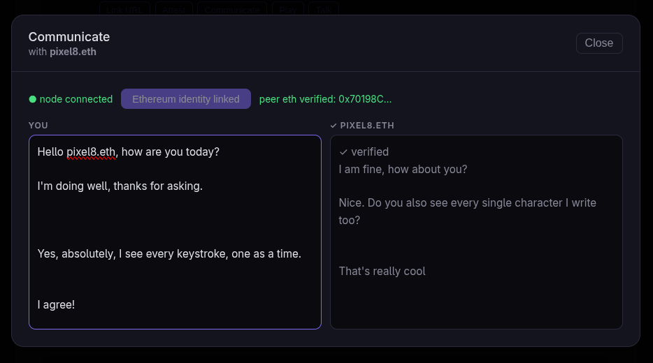 lcdp live-text private communication with pixel8.eth — node connected, Ethereum identity linked, peer eth verified
