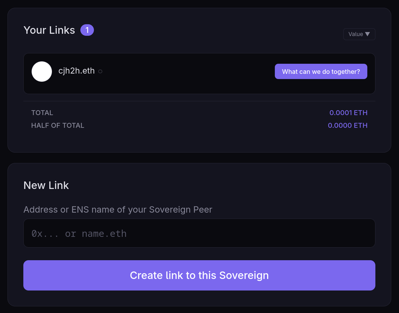 Your Links — 1 sovereign link with cjh2h.eth, 'What can we do together?' CTA; New Link form below for adding the next pair